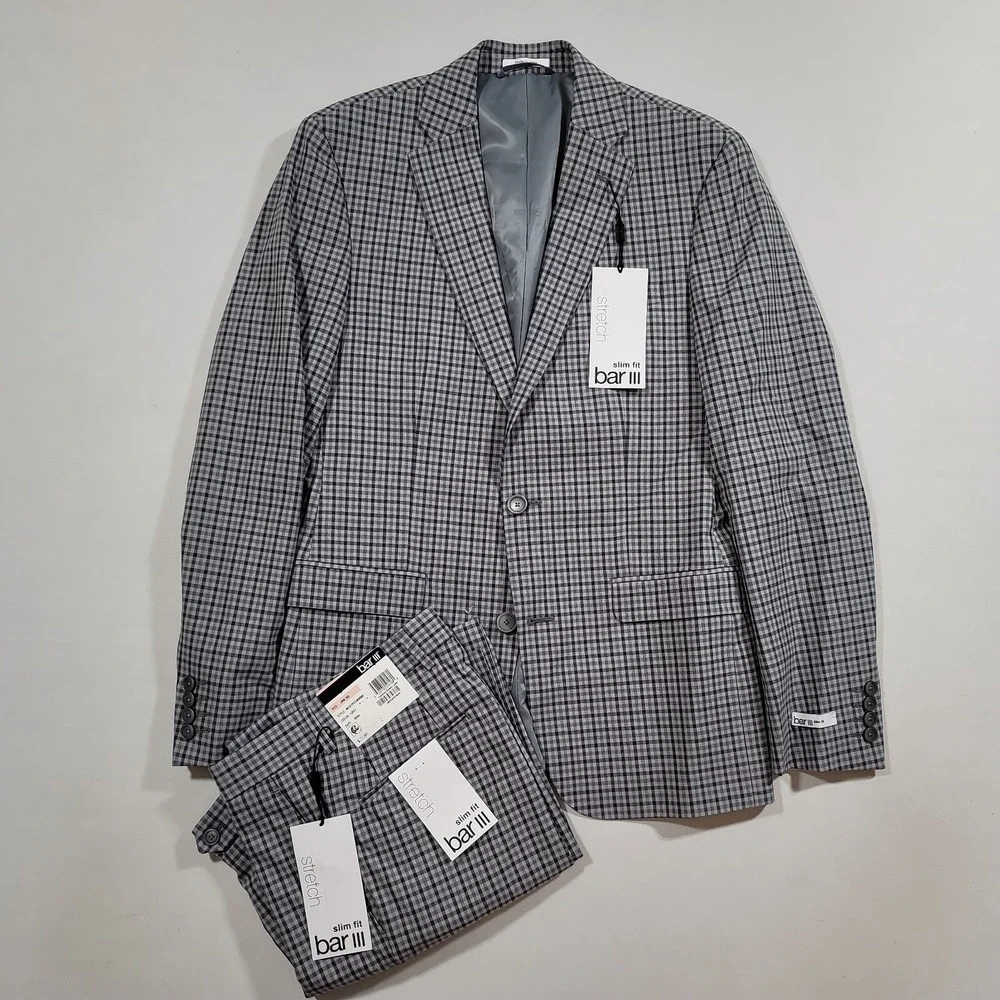 Bar III Slim Fit Suit Mens 38R 38 2 Piece Pants 28x30 Grey Check $395‎ NEW
